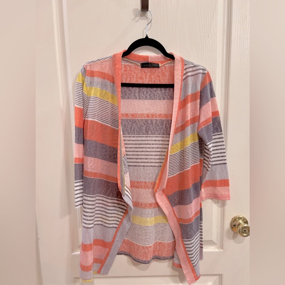 Shyland open cardigan no buttons striped gray, yellow, peach, coral. Size S